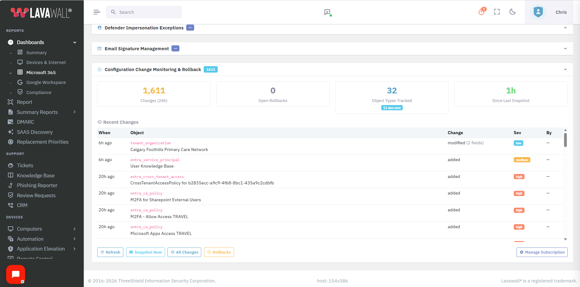 Lavawall M365 Configuration Change Monitoring dashboard