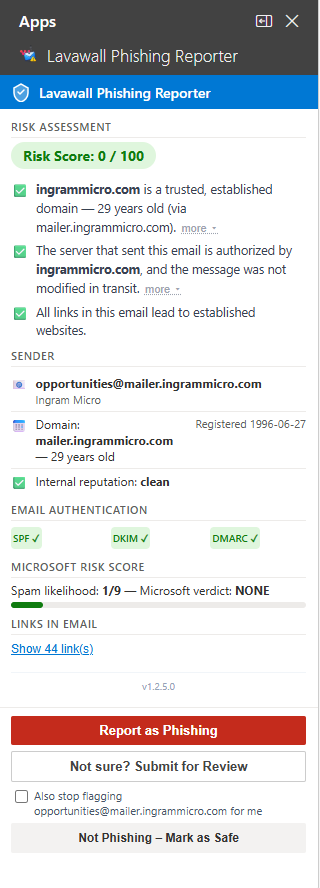 Lavawall Phishing Reporter taskpane on Outlook Web, showing risk score, SPF/DKIM/DMARC pills, sender details, and link analysis side-by-side with the message