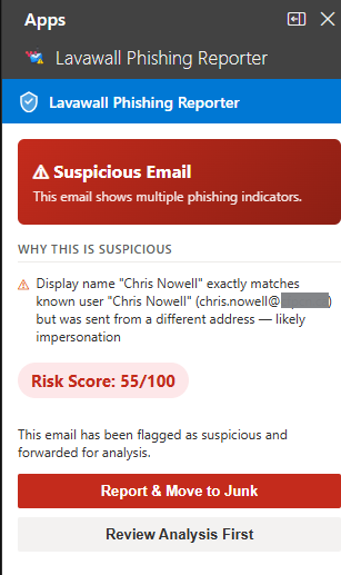 Spoofing notice in the Lavawall Phishing Reporter taskpane, with plain-language reason and fix guidance for the affected domain