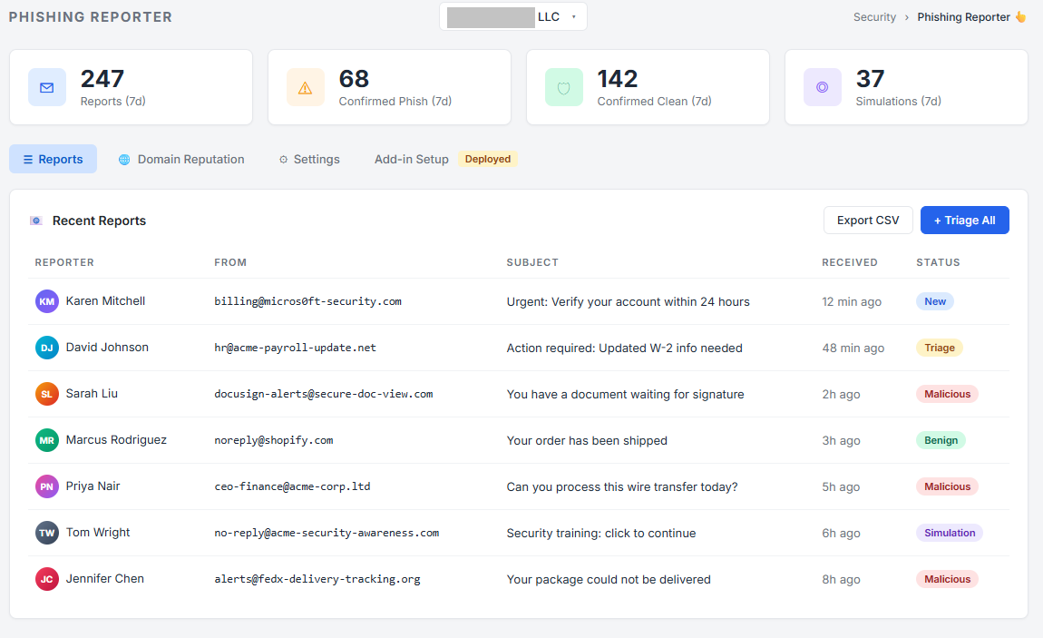 Phishing reporter admin dashboard with report queue and triage actions